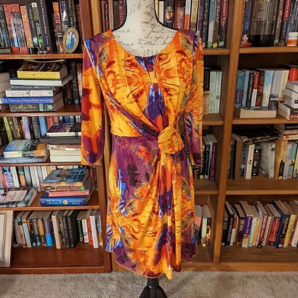 my Tribe multicolor side ruched long sleeve stretch knit dress size m euc